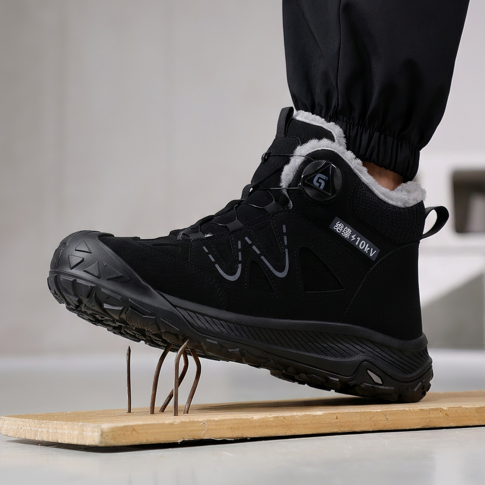 Black puncture-resistant composite toe work boot on nails