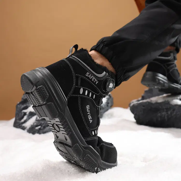Durable traction outsole on black winter work boots