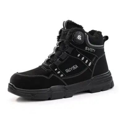 Black fleece lined steel toe work boot angled view