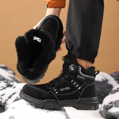Black fleece lined steel toe work boot in snow