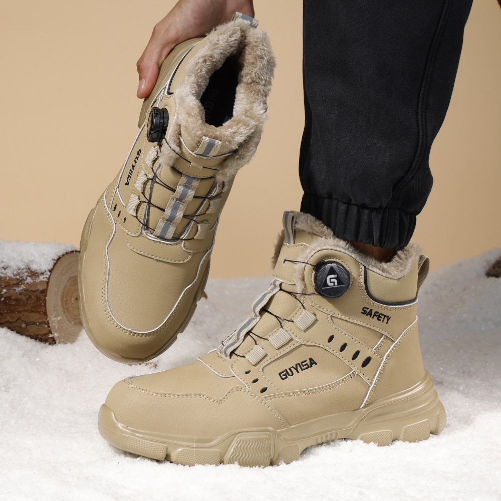 Warm fleece lining inside tan winter work boots