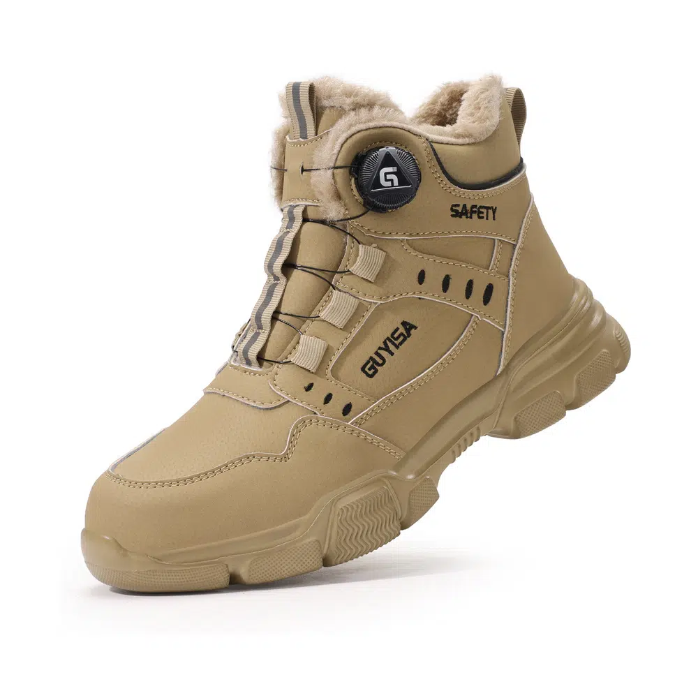 Tan fleece lined steel toe work boot angled view