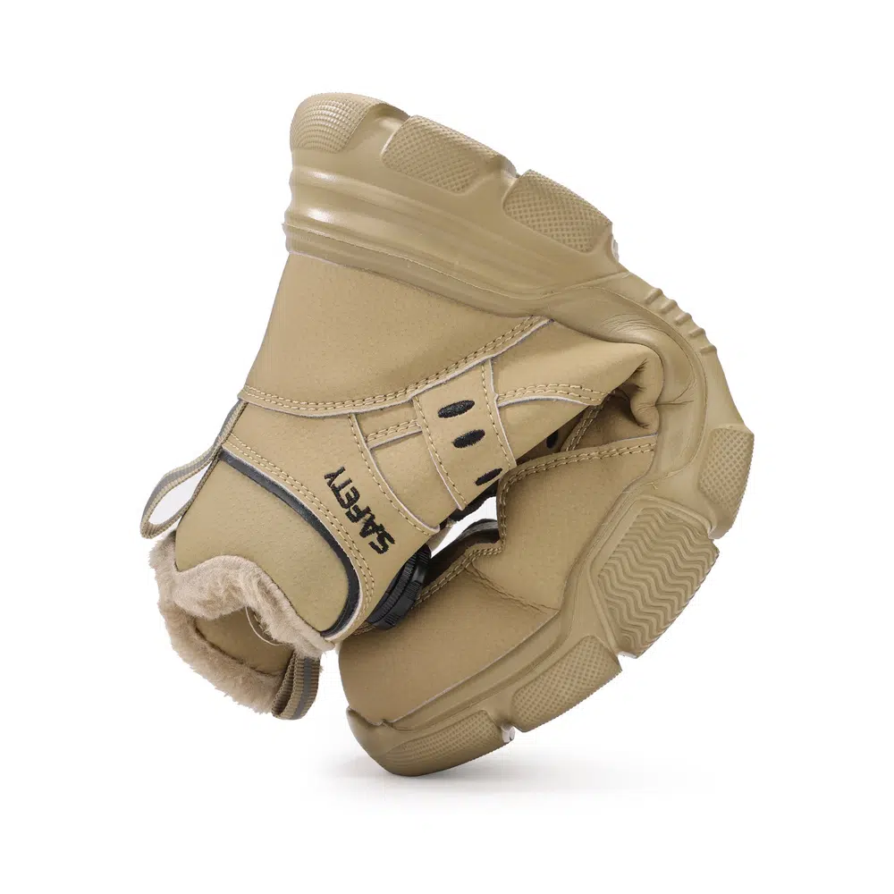 Flexible pair of tan fleece lined steel toe boots