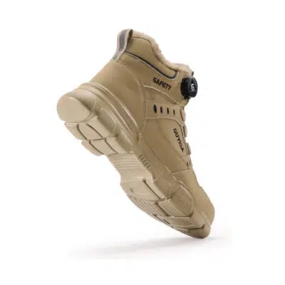Outsole and upper view of tan safety boot