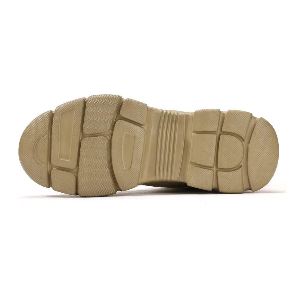 Durable segmented outsole on tan work boot