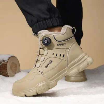Tan insulated steel toe work boot in snow